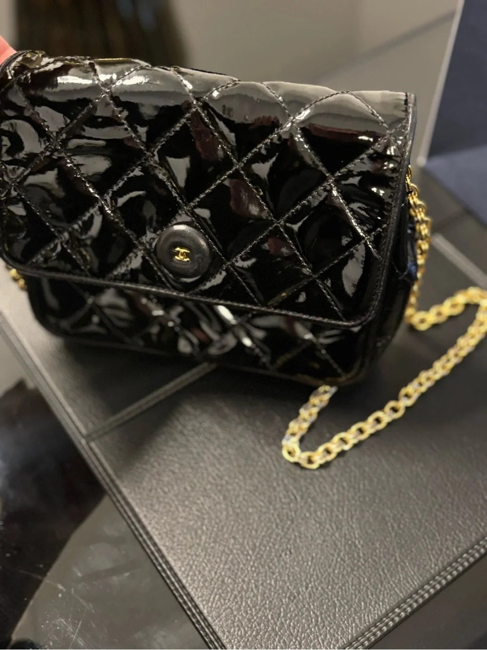 CHANEL Black Patent Quilted Crossbody with Gold Chain